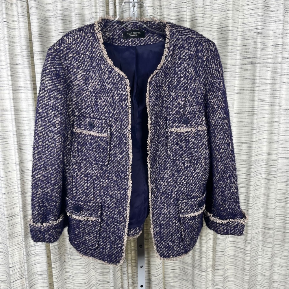 Talbots Womens Purple Tweed Boucle Fringe Trim Open Front Blazer Jacket Pockets